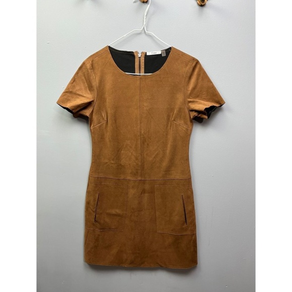 Dex Faux Suede Short Sleeve Mini Shift Dress Camel Brown XS‎ 1022001
